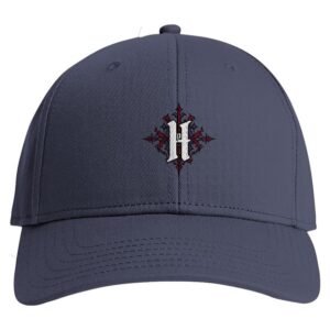 Gorra baseball Prime Hell Petrol Nocturne, azul petróleo con bordado rojo arándano y blanco roto.