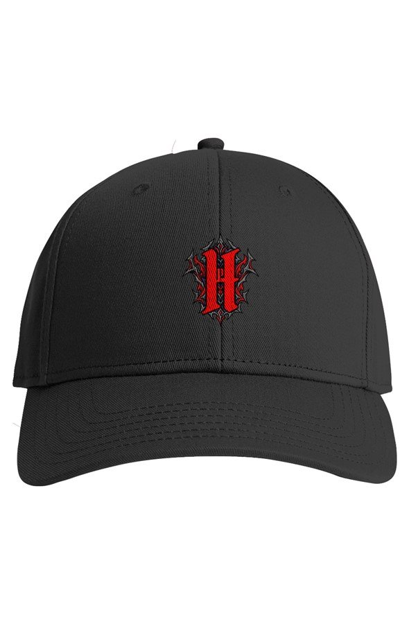 Gorra baseball Prime Hell Infernum Crest, base negra con bordado frontal rojo y gris claro.